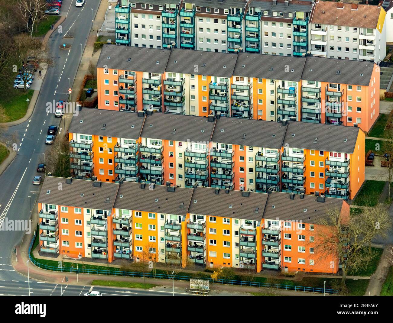 Luftbild, Wohnanlage Horststraße, Herforder Straße, Mietshaus, Mietshäuser, Balkone, Herne, Ruhrgebiet, Nordrhein-Westfalen, Deutschland Stockfoto