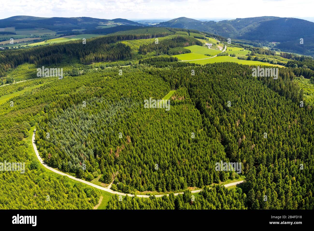 Luftbild des Hügels, aus dem die Ruhrquelle mit der Ruhrquelle in Winterberg im Sauerland im Land Nordrhein-Westfalen in Deutschland aufragt Stockfoto