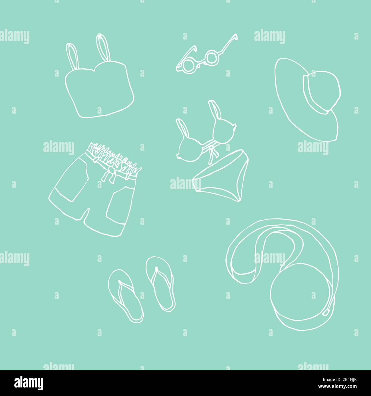 Sommerkleidung und Accessoires. Weißer Umriss auf Minzgrund. Cartoon-Doodle-Skizze kann in Karten, Postern, Flyern, Bannern, Logo, Kleidungsdesign, Mode, Textildrucken usw. verwendet werden. Vector Illustration EPS10 Stock Vektor