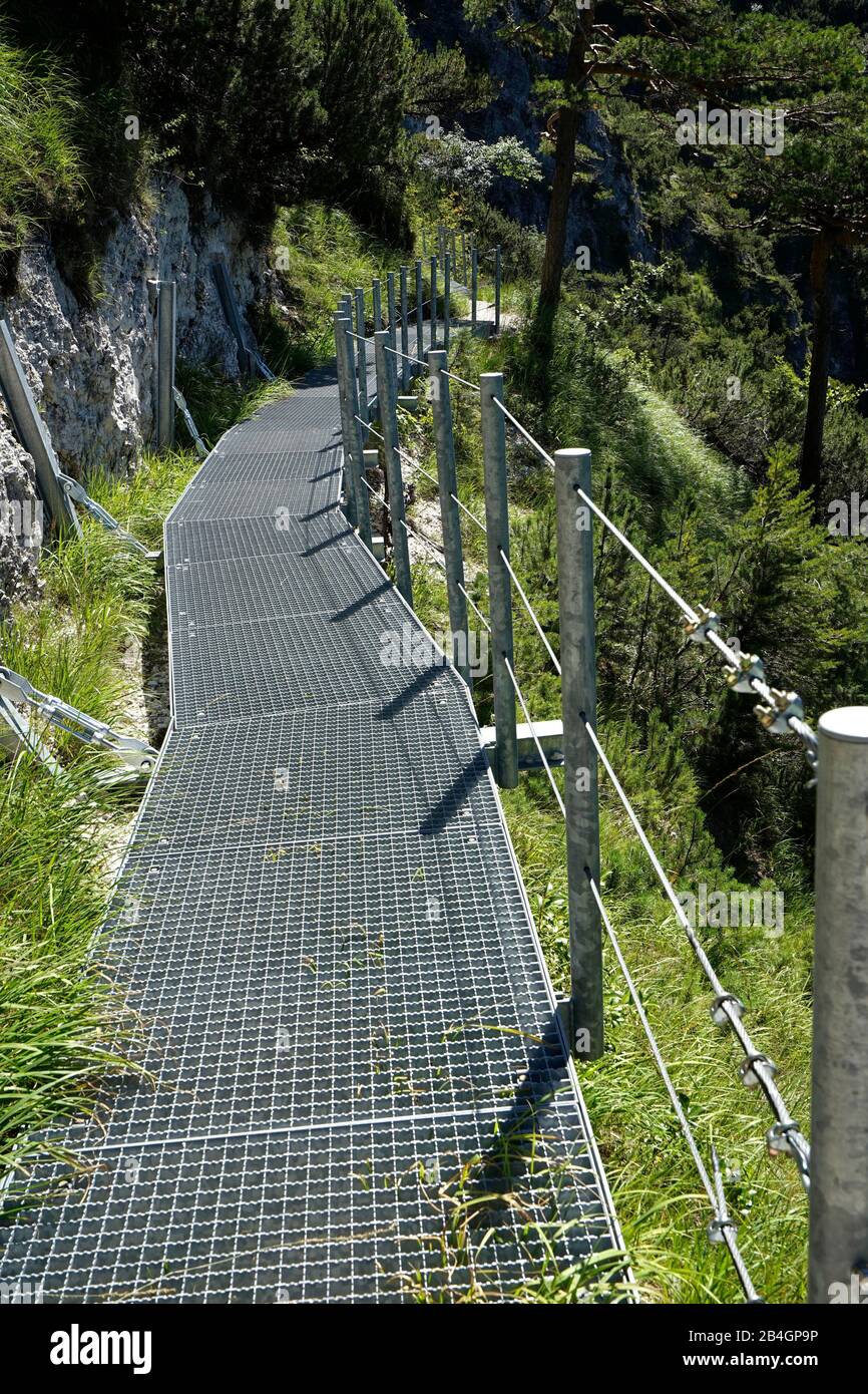 Deutschland, Bayern, Oberbayern, Bad Reichenhall, Lattengebirge, Dötzenkopf, 1001m, Wanderweg mit Eisengitterplatten und Geländer gesichert Stockfoto