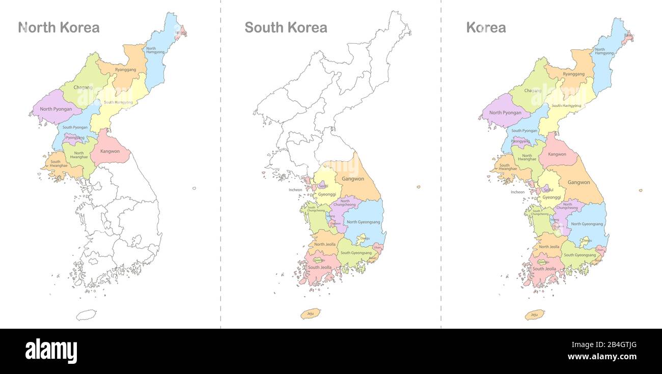 Karte von Korea, Nord- und Südkorea aufgeteilt in administrative Abteilungen, wobei Buchvektor farbstofffarben dargestellt wird Stock Vektor Karte von Korea, Nord- und Südkorea aufgeteilt in administrative Abteilungen, wobei Buchvektor farbstofffarben dargestellt wird Stock Vektor