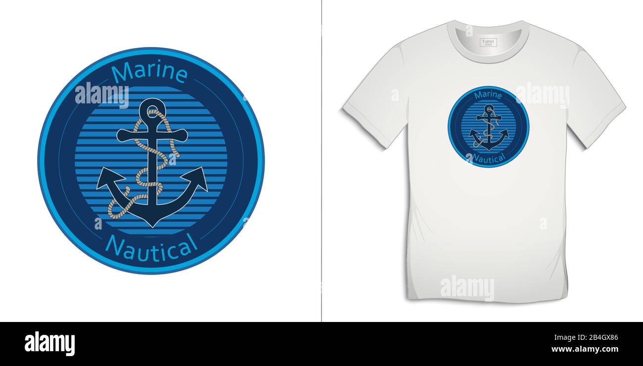Auf T-Shirt Grafikdesign drucken, nautisches Logo mit Anker und Seil, isoliert auf weißem Hintergrundvektor Stock Vektor