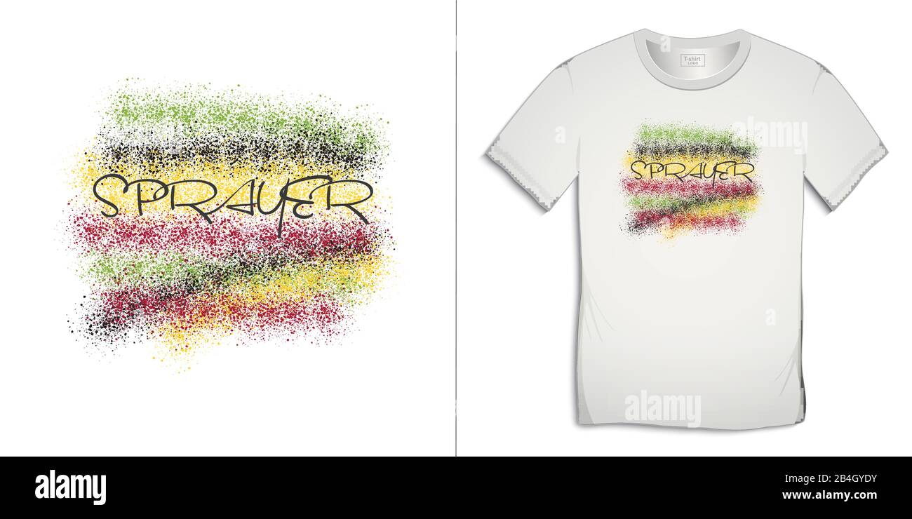 Druck auf T-Shirt Grafikdesign, besprüht mit Spray, Rasta-Farben, isoliert auf weißem Hintergrundvektor Stock Vektor