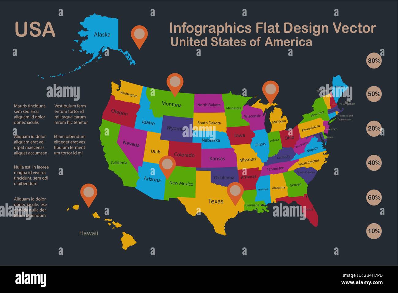 Infografiken USA mit Alaska und Hawaii Karte, flache Designfarben, mit Namen einzelner Staaten und Inseln, blauer Hintergrund mit orangefarbenen Punkten vect Stock Vektor