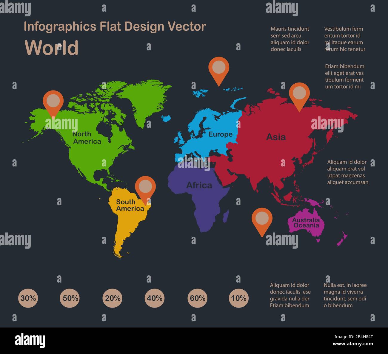 Infografik-Weltkarte, flache Designfarben, mit Namen einzelner Zustände, blauer Hintergrund mit orangefarbenem Punktvektor Stock Vektor
