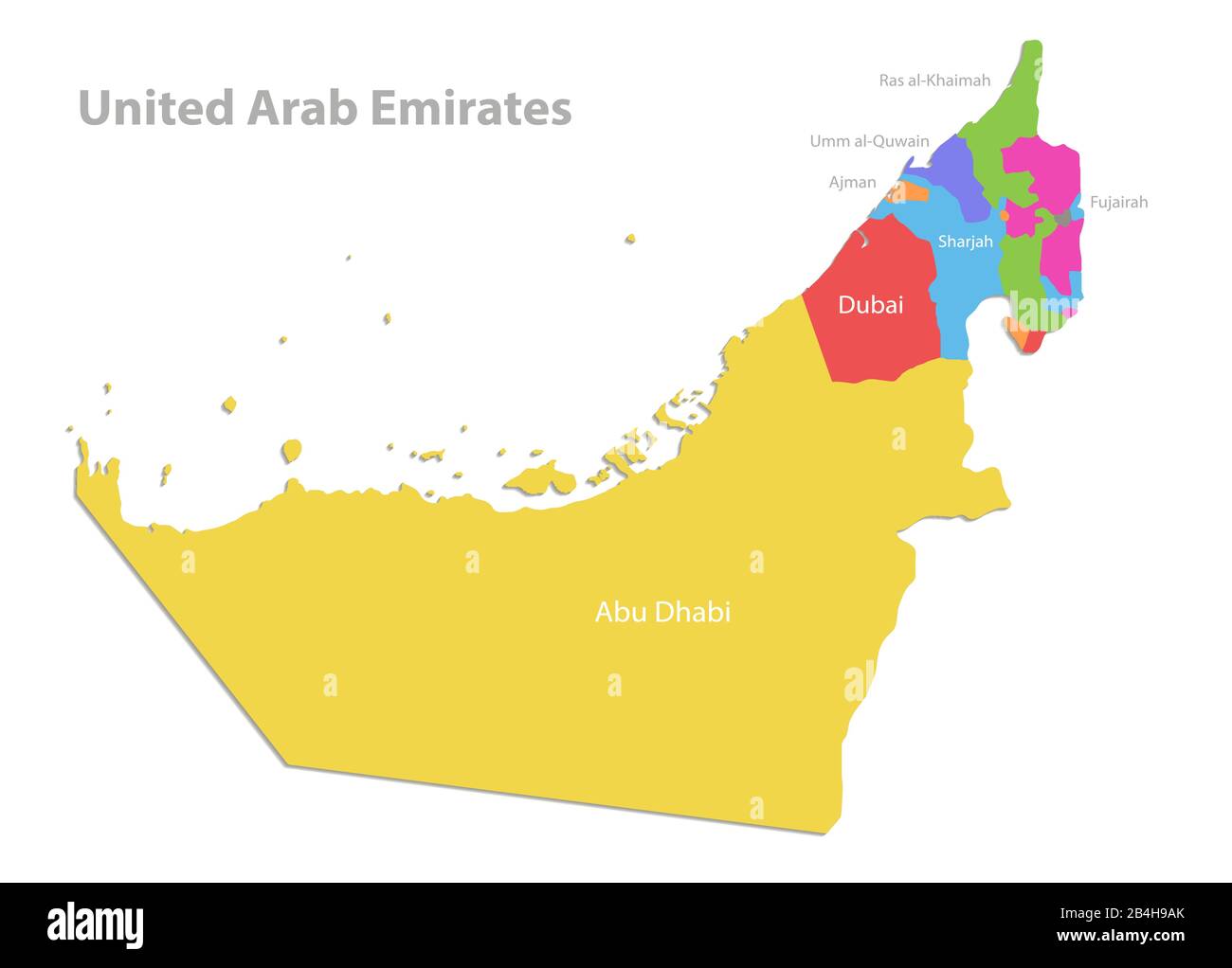 Karte der Vereinigten Arabischen Emirate, administrative Aufteilung mit Namen, Farbkarte isoliert auf weißem Hintergrundvektor Stock Vektor