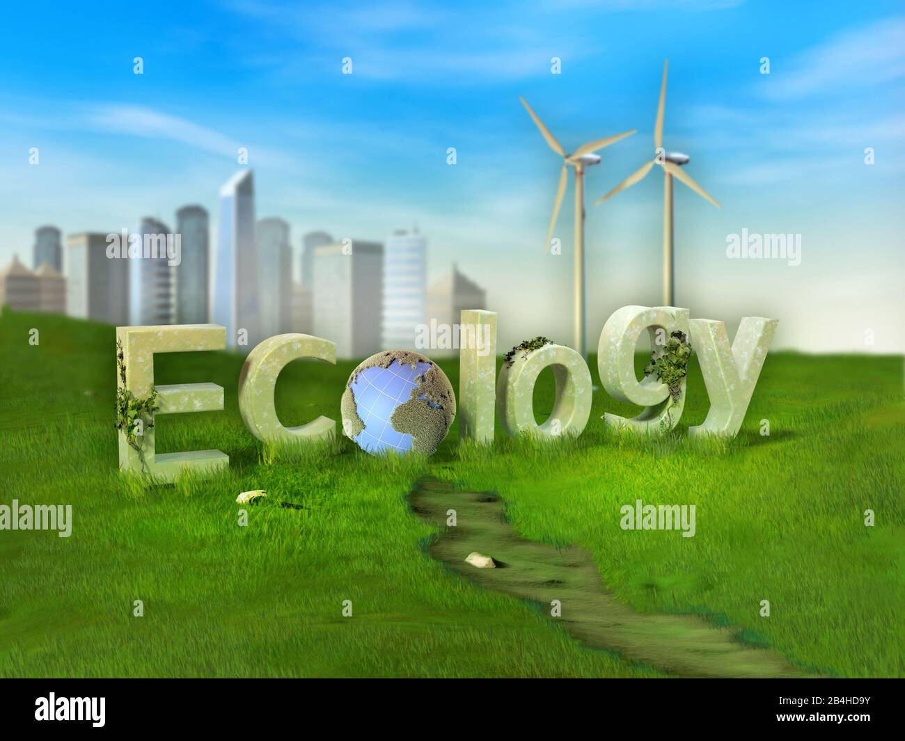 Ökologiewort, das durch einige Riesenbriefe auf einer grünen Wiese entstanden ist. 3D-Abbildung. Stockfoto