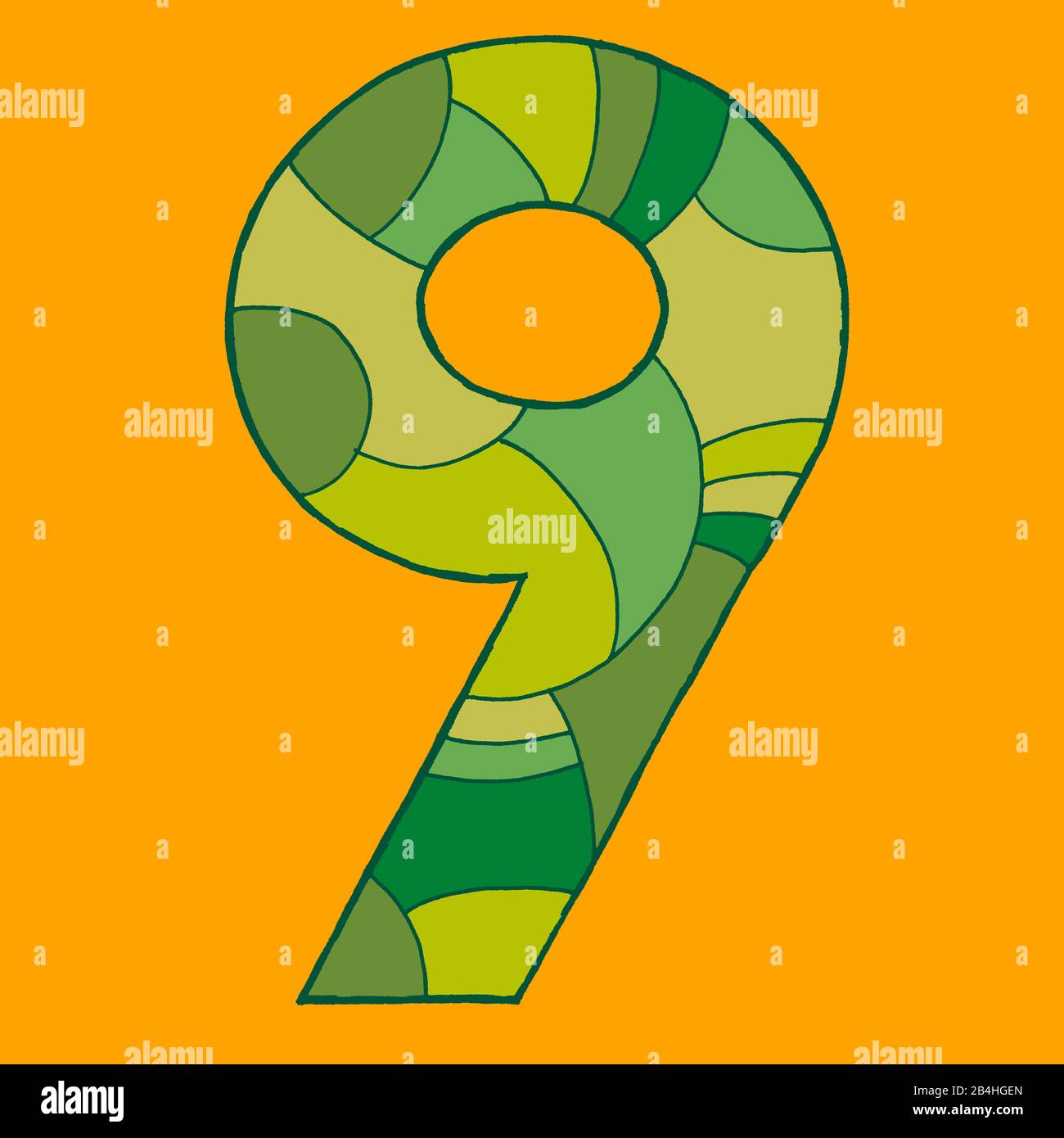 Ziffer 9, als Vektorgrafiken gezeichnet, in grünlichen Farbtönen auf gelbem Hintergrund im Pop-Art-Stil Stockfoto