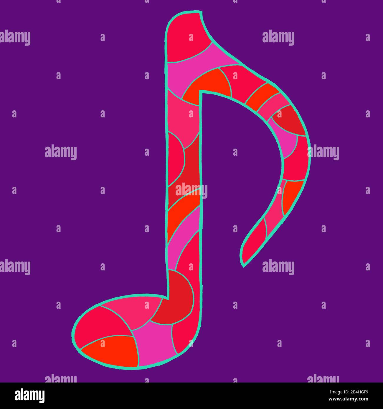Notenzeichnen, gezeichnet als Vektorillustration, in rot-violetten Farbtönen in der Pop-Art-Stilistik Stockfoto