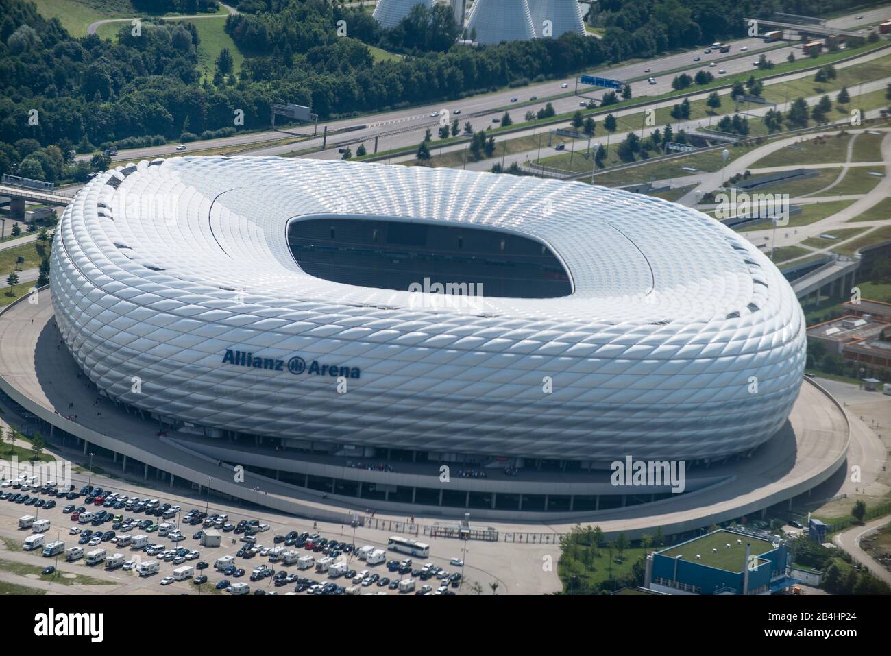 Luftbild Allianzarena, Fußballstadion, FC Bayern München Stockfoto