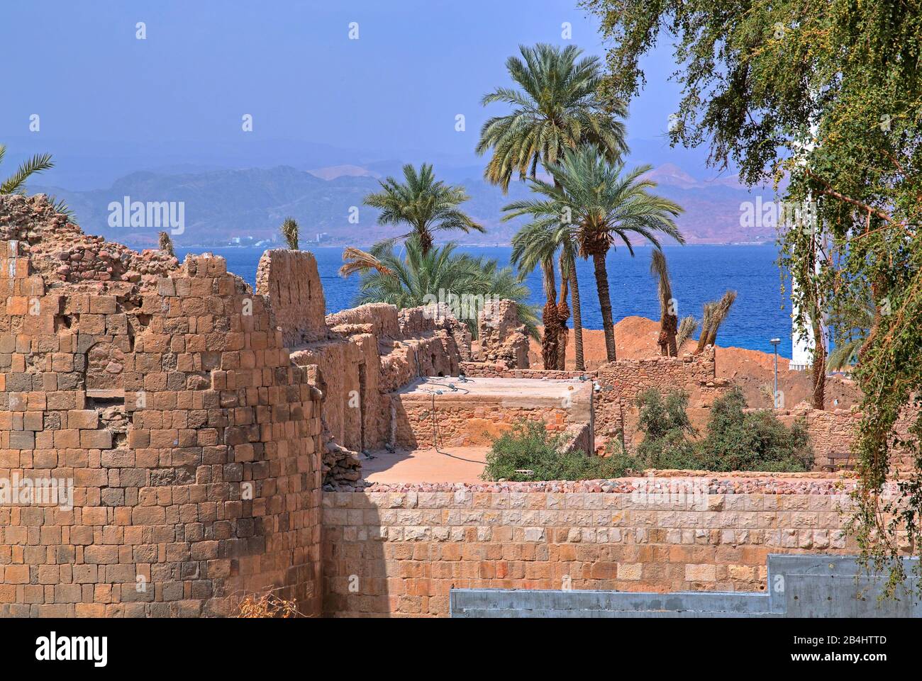 Historische Ruinen des Forts mit Dattelpalmen am Meer. Akaba Akaba, Golf von Akaba, Rotes Meer, Jordanien Stockfoto