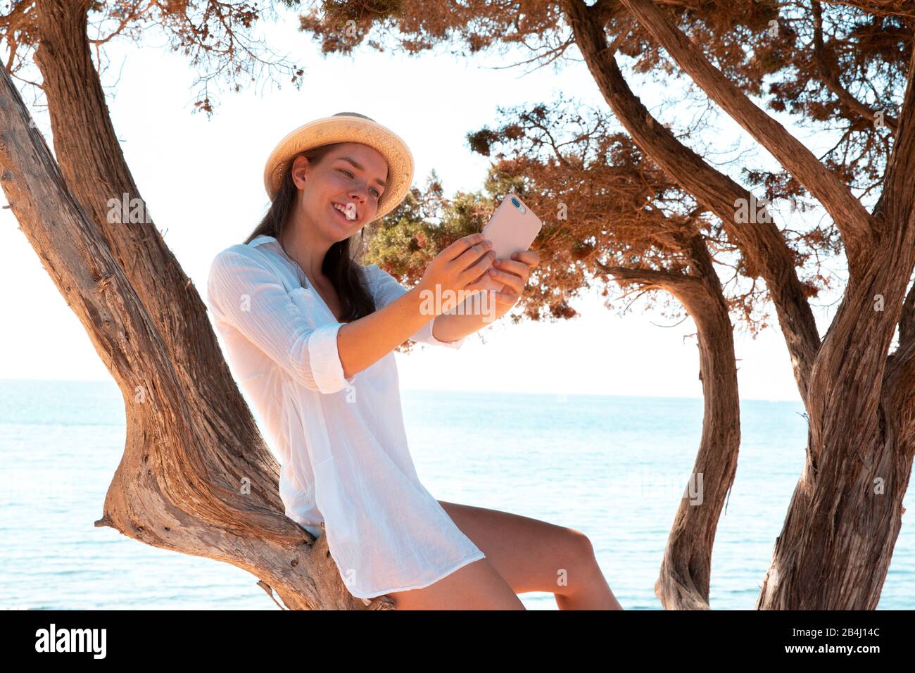 Mädchen mit Smartphone an einem Baum am Strand, Lächeln, selfie Stockfoto