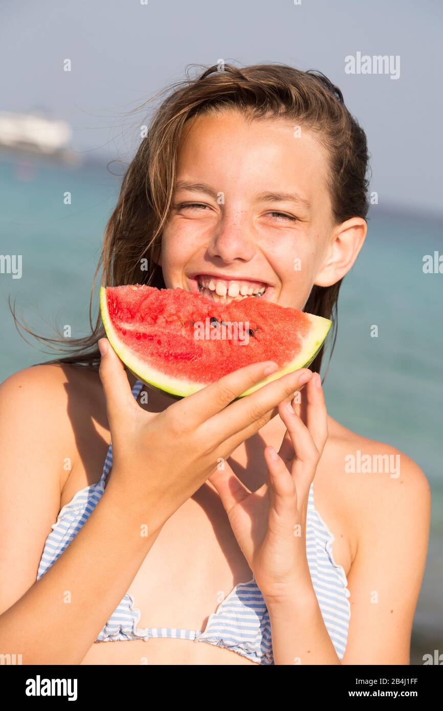 Mädchen, Wassermelone, Lachen Stockfoto