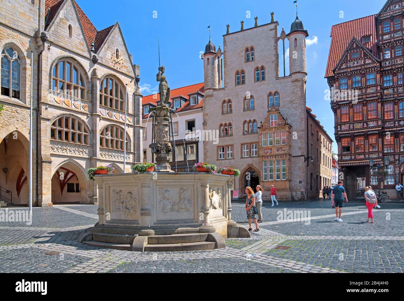 Marktplatz mit Rathaus, Roland-Brunnen, Tempelhaus und Wedekindhaus, Hildesheim, Niedersachsen, Deutschland Stockfoto