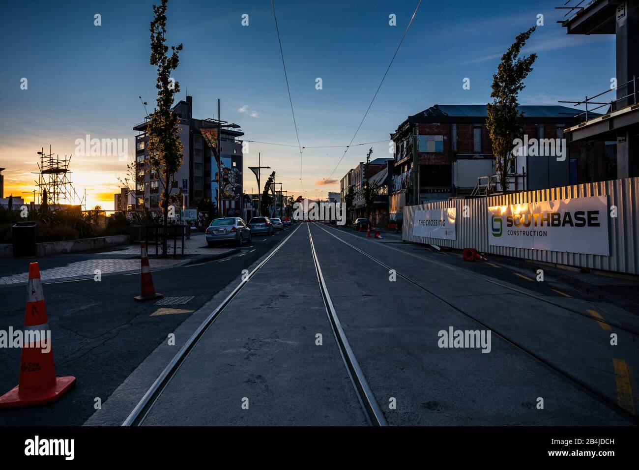 Sunrise Streetview, morgendliche Stimmung in Christchurch Central City Stockfoto