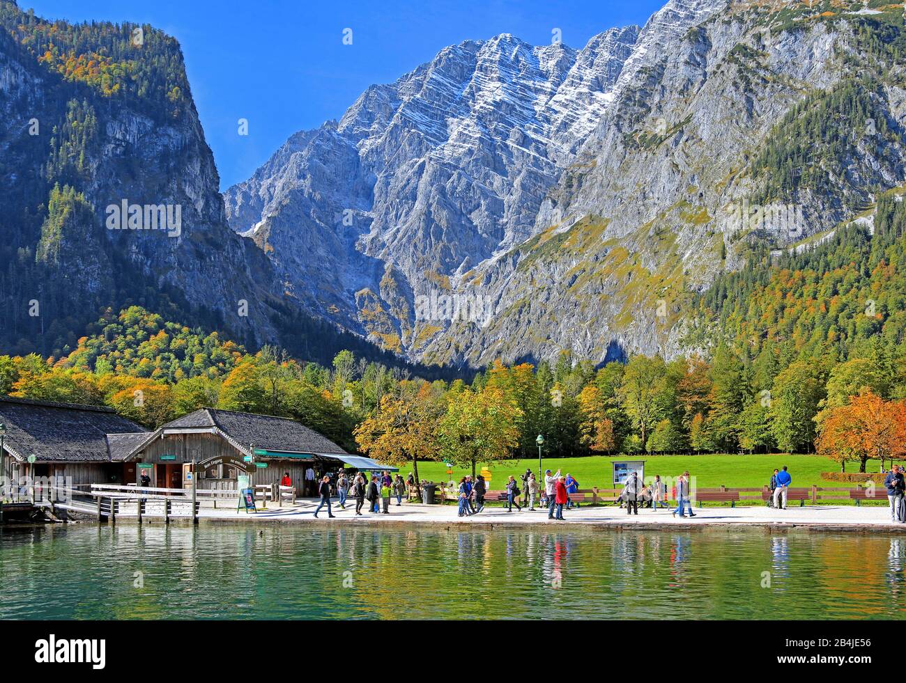 Seeufer von St. Bartholomä mit Watzmannostwand (2713m) im Nationalpark Königssee, Gemeinde Schönau am Königssee, Berchtesgadener Land, Oberbayern, Bayern, Deutschland Stockfoto