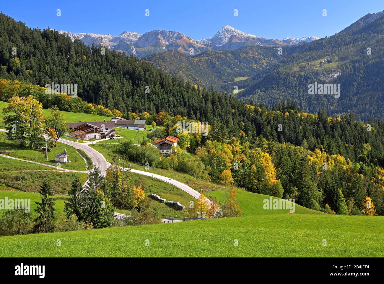 Landschaft über den Ramsauer Tal, Ramsau, Berchtesgadener Land, Oberbayern, Bayern, Deutschland Stockfoto