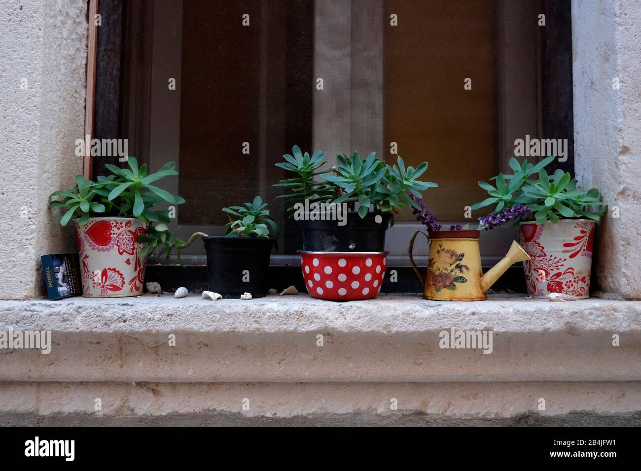 Europa, Mittelmeer, Adria, Kroatien, Hvar, Fenster, lustige Blumentöpfe Stockfoto