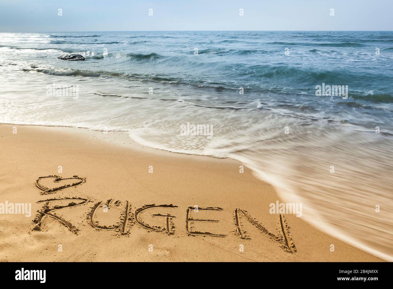 Ostsee, Rügen, Kap Arkona, Strand, Schuft im Sand: "Rügen" + Herz Stockfoto