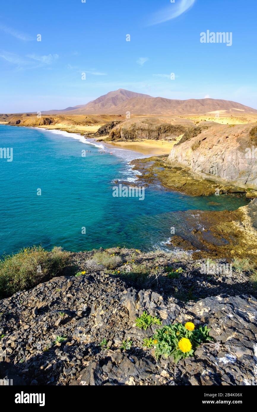 Playa de la Cera und Playa del Pozo, Strände von Papagayo, Playas de Papagayo, Naturpark Los Ajaches, in der Nähe von Playa Blanca, Lanzarote, Kanarische Inseln, Spanien Stockfoto