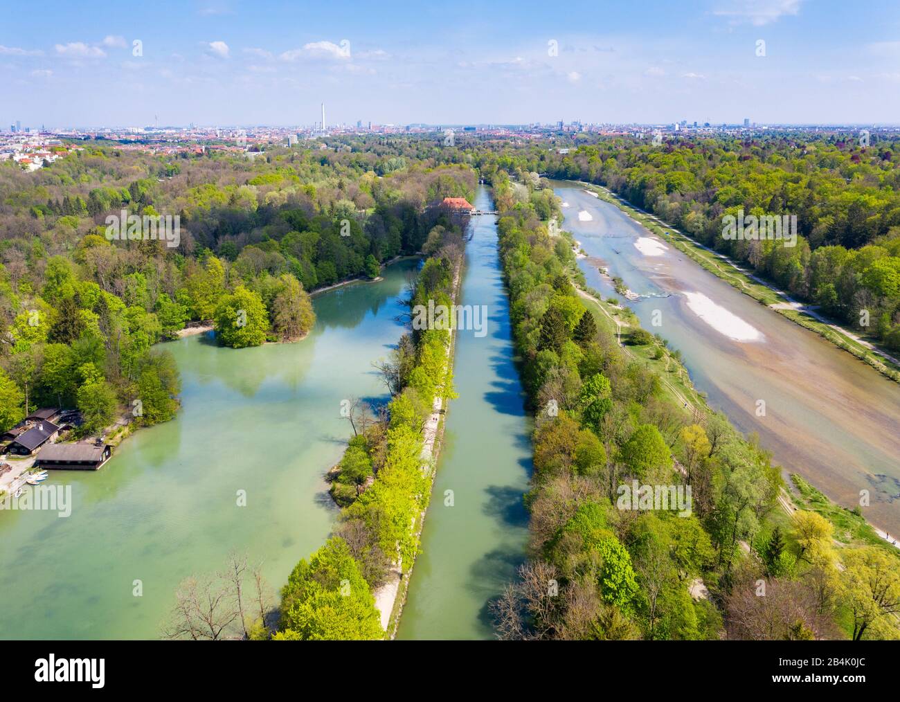 Hinterbrühler See, Isar-Werkkanal und Isar, Landkreis Thalkirchen, München, Drohnenaufnahme, Oberbayern, Bayern, Deutschland Stockfoto