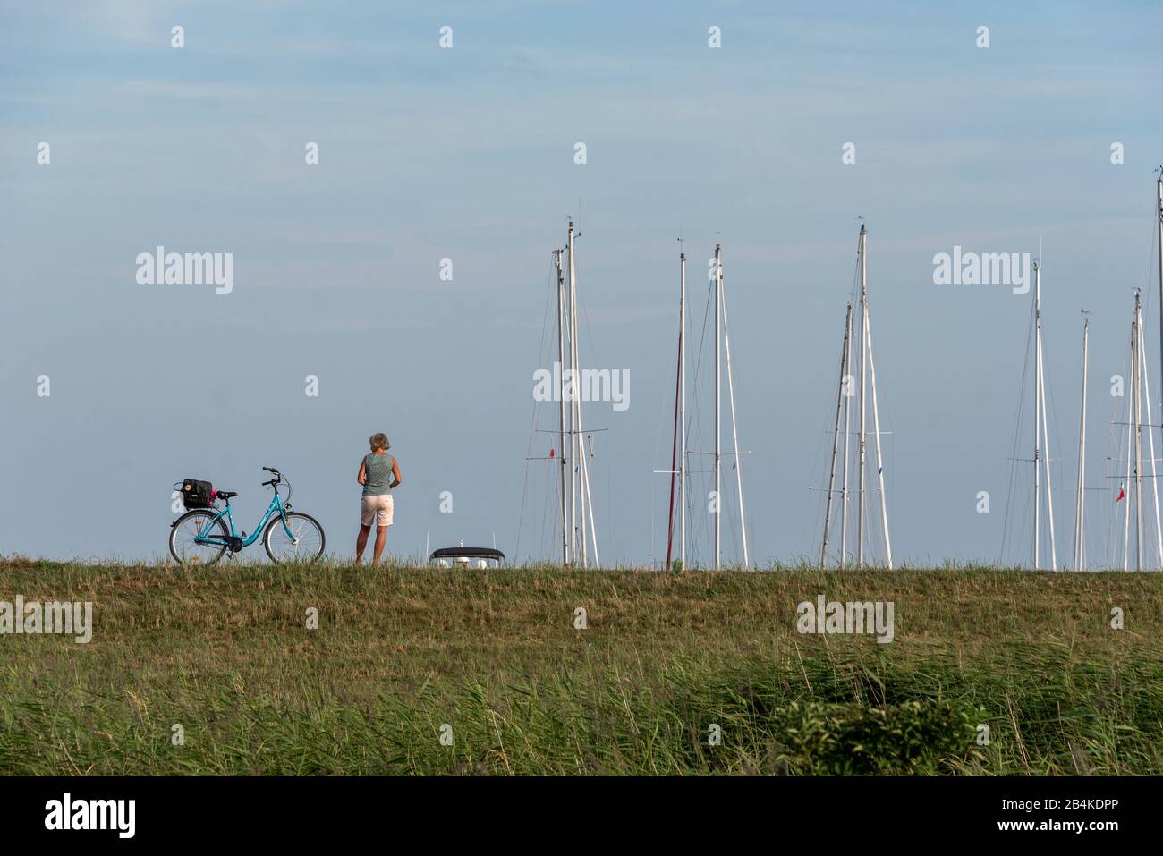 Deutschland, Mecklenburg-Vorpommern, Vitte, eine Frau steht auf einem Deich auf der Insel Hiddensee und schaut auf ihr Handy. Neben ihr befindet sich ein Fahrrad. Stockfoto
