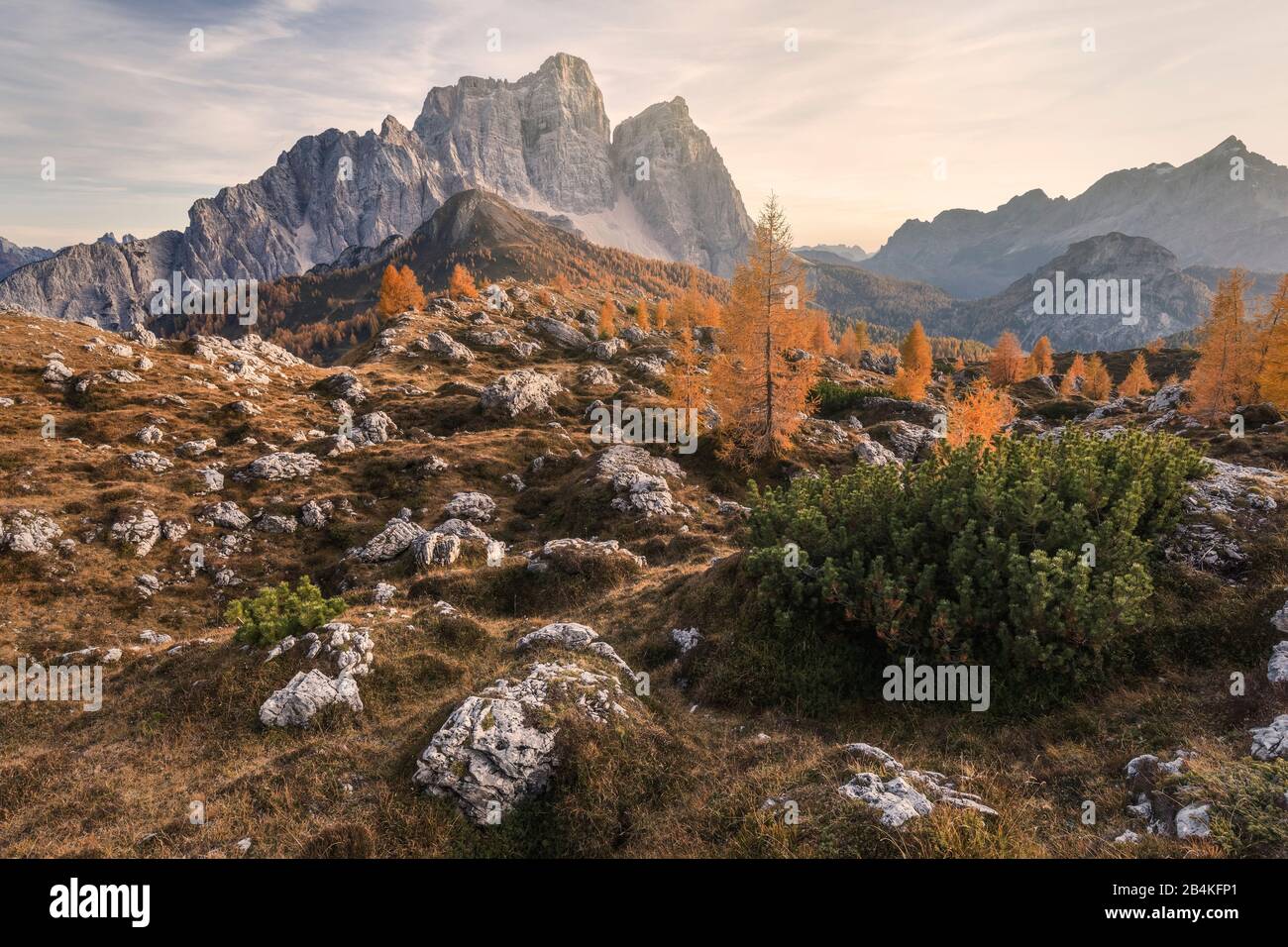 Uralte Landschaft auf der Prendera Alm, im Hintergrund die Nordwand des Mount pelmo, der dolmen, san vito di cadore, belluno, veneto, italien Stockfoto