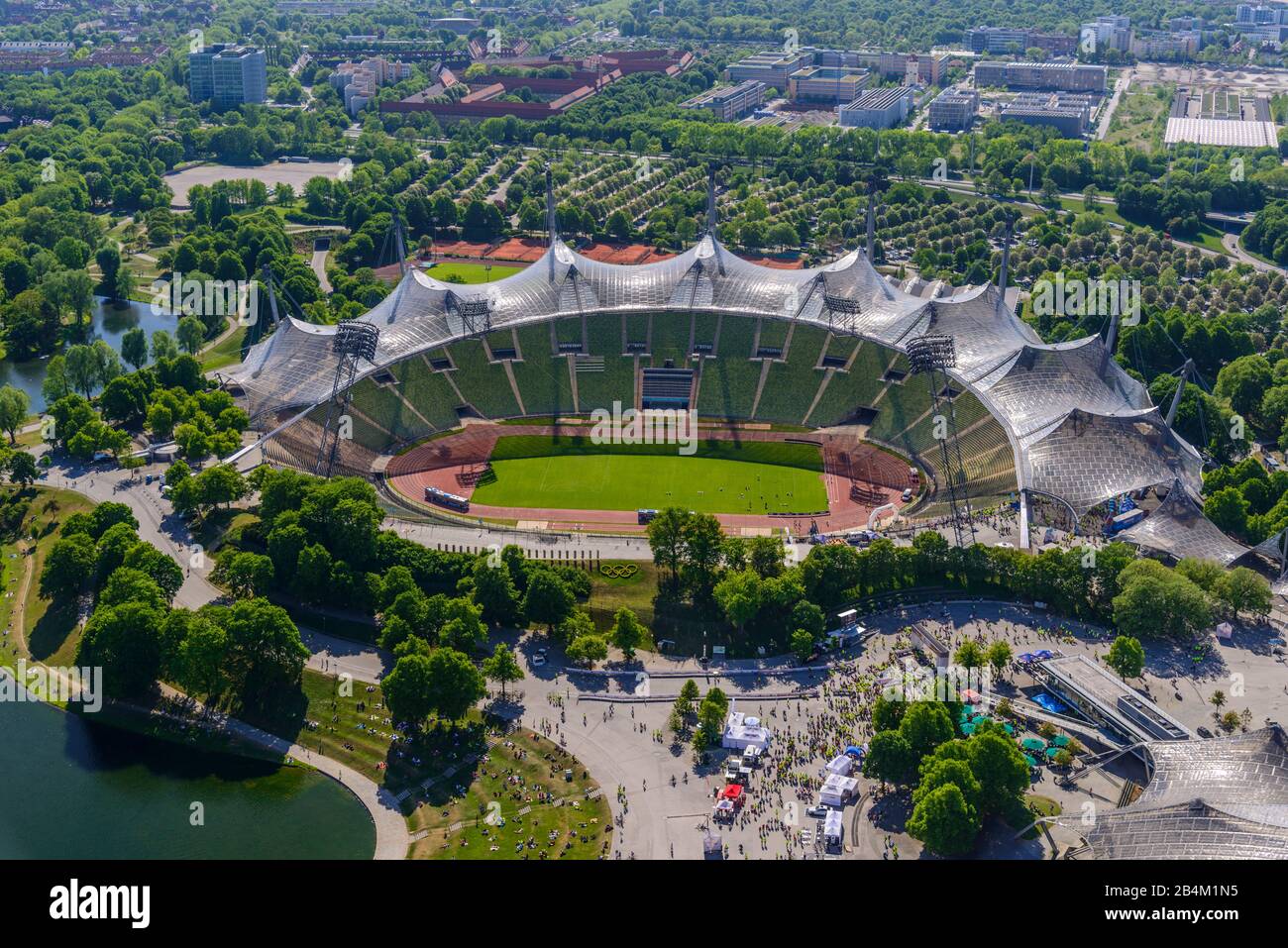 Deutschland, Bayern, Oberbayern, München, Olympiagelände, Blick vom Olympiaturm Stockfoto