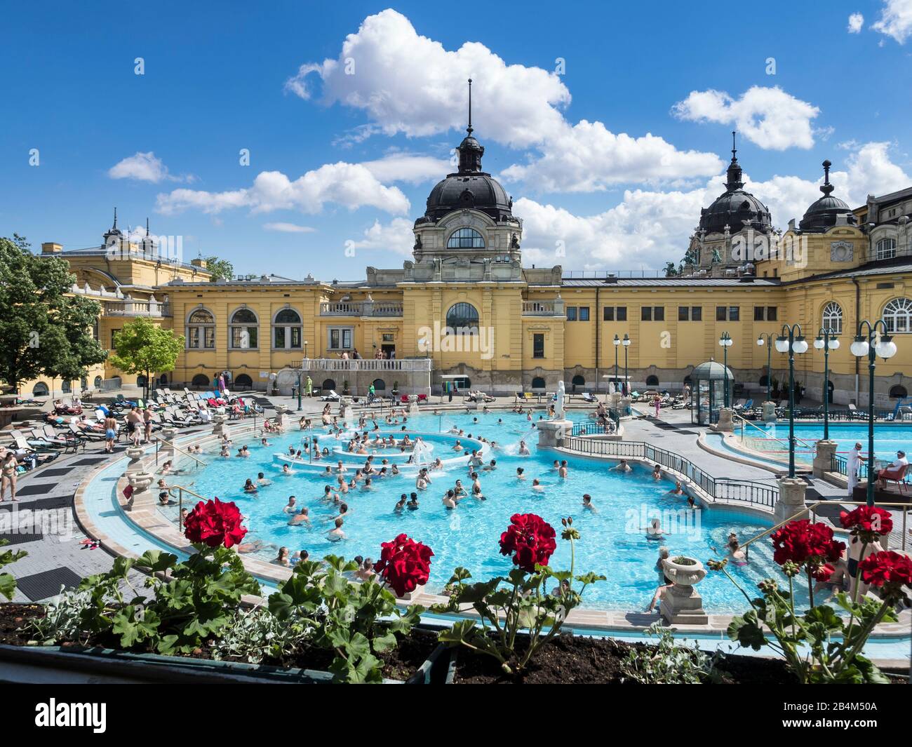 Warmes Whirlpool in den Szechenyi-Bädern: Das warme Wasserbecken in Szechenyi umfasst einen spiralförmigen Fluss, der Badegäste im Kreis treibt, sowie zahlreiche Wasserausläufe mit hohem Volumen. Stockfoto