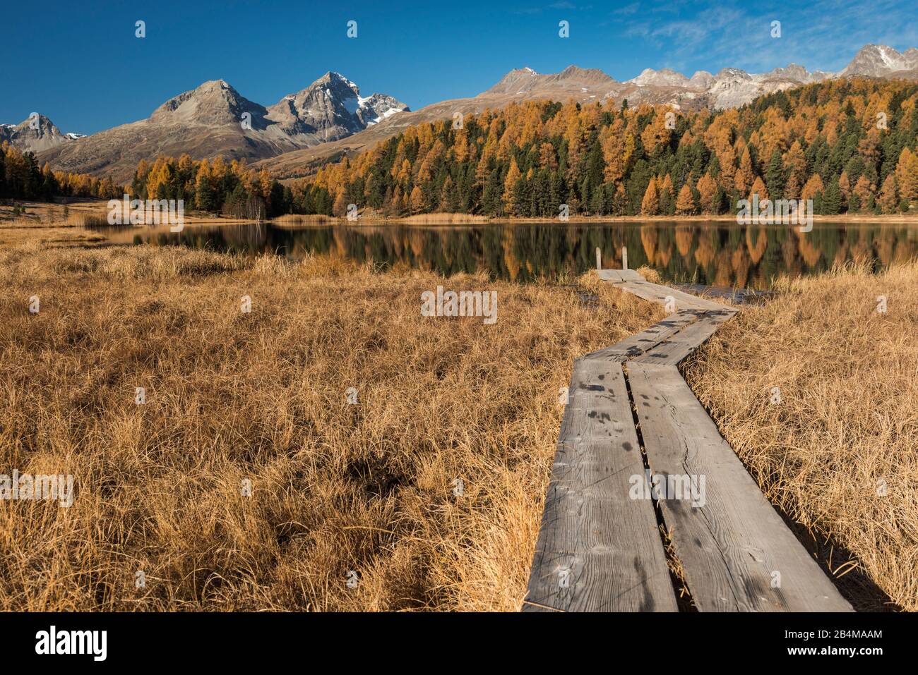 Schweiz, Graubünden, Engadin, Oberengadin, St. Moritz, Holzfußbrücke zum Stazer See mit Piz Julier und Piz Nair Stockfoto