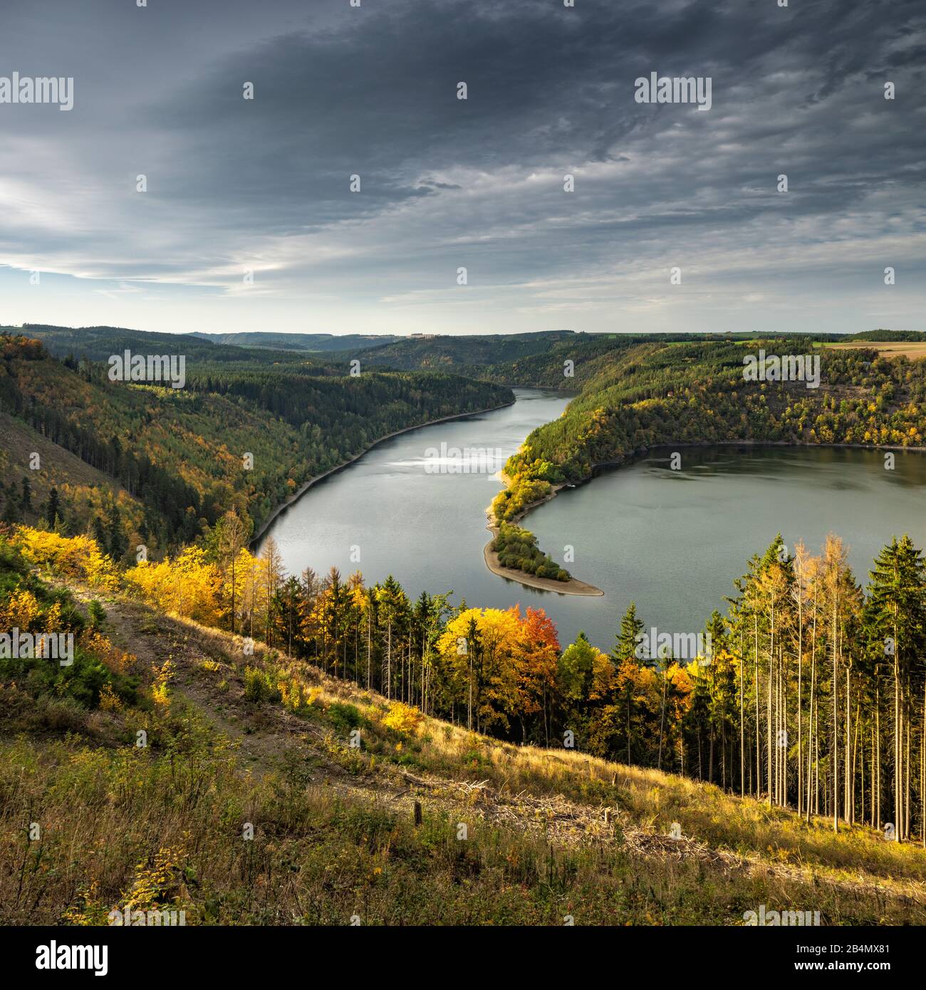 Deutschland, Thüringen, Naturpark Thüringer Schiefergebirge, obere Saale, Blick auf den Hohenwarte-Stausee im Herbst, dunkle Wolken Stockfoto