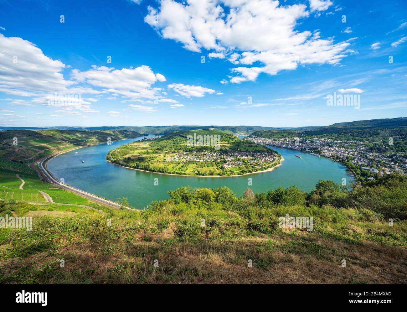 Deutschland, Rheinland-Pfalz, Boppard, Welterbe-Kulturlandschaft Oberes Mittelrheintal, Blick auf Bopparder Hamm, die größte Rheinschleife Stockfoto