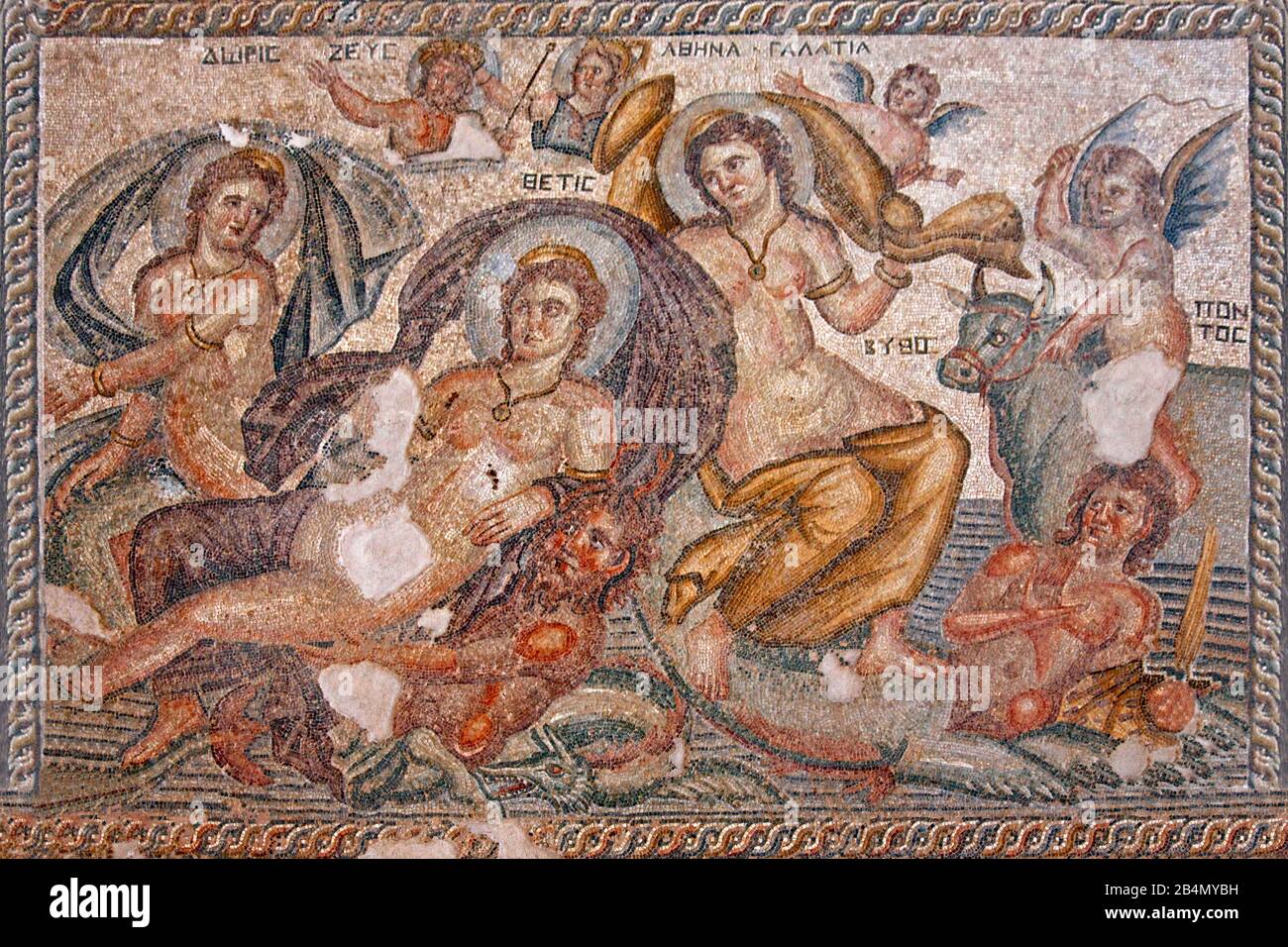 Paphos, Ausgrabungen, Haus von Aion, Mosaikboden in der Lobby, Schönheits-Pageant zwischen Kassiopeia und drei der schönsten Nereiden, Zypern, Griechisch Stockfoto