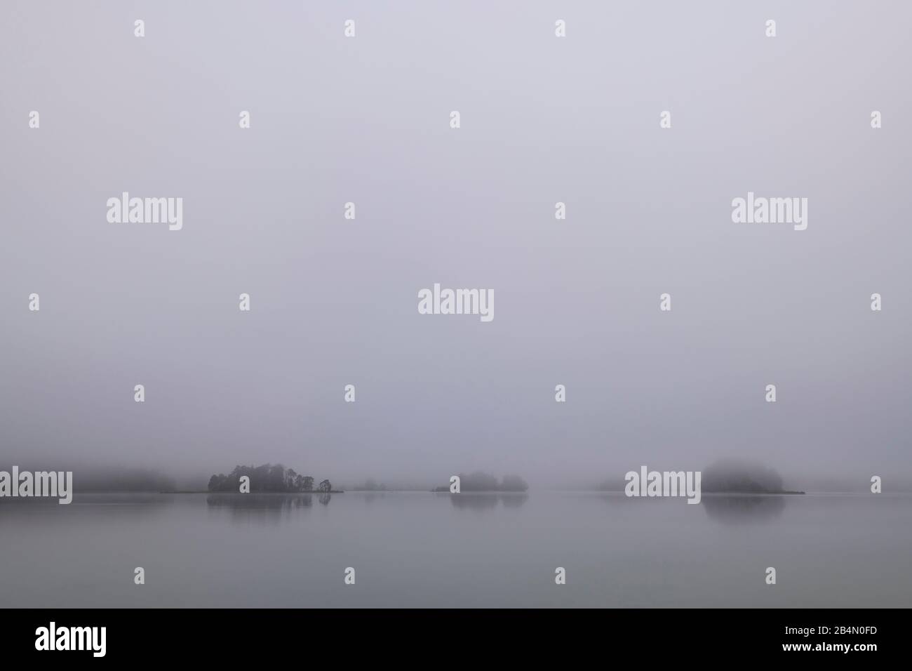 Die Inseln des Fohnsee im Herbst. Nebel erzeugt eine graue Stimmung vor Sonnenaufgang. Stockfoto