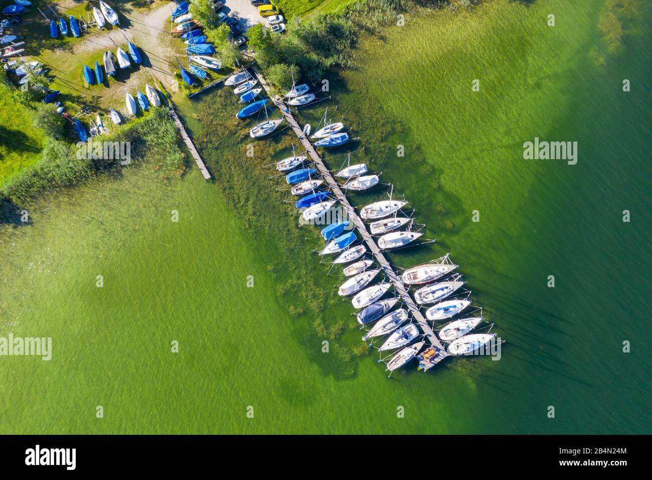 Bootsanlegestelle in Seeseiten, bei Seeshaupt, Starnberger See, Fünfseenland, Luftbild, Oberbayern, Bayern, Deutschland Stockfoto