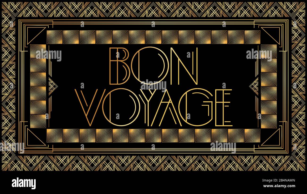 Art Deco Bon Voyage Text. Goldene dekorative Grußkarte, Schild mit Vintage-Buchstaben. Stock Vektor