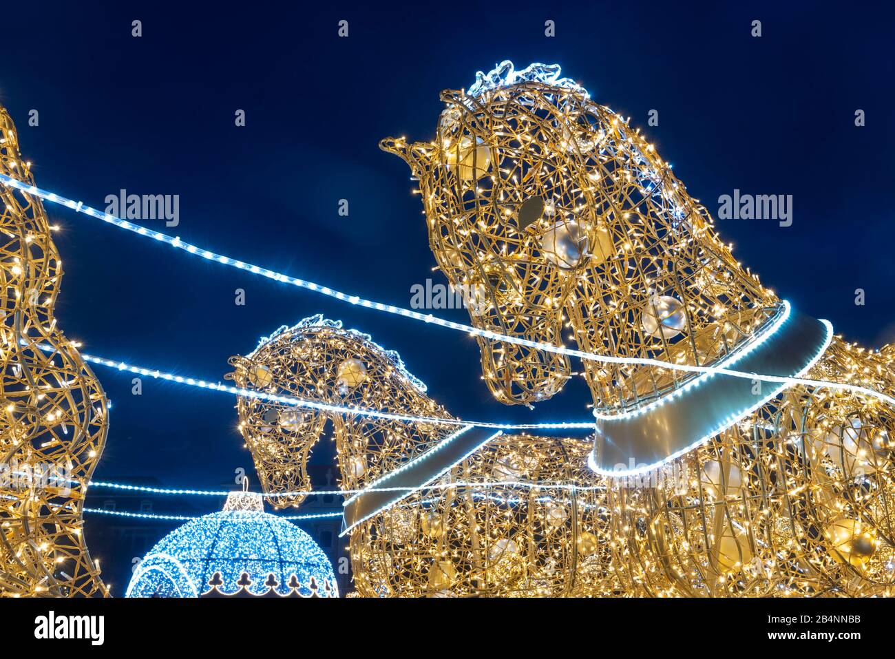 Deutschland, Sachsen-Anhalt, Magdeburg, beleuchtete Pferde auf dem Domplatz, sie gehören zur Magnetburger Lichterwelt, auf der weihnachtlichen Li Stockfoto