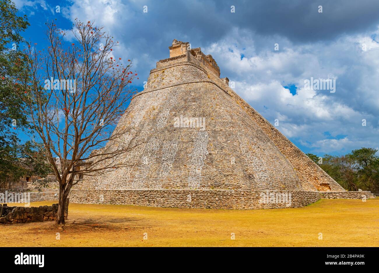 Die majestätische Pyramide des Magiers in der maya-archäologischen Stätte von Uxmal bei Merida, Yucatan-Halbinsel, Mexiko. Stockfoto