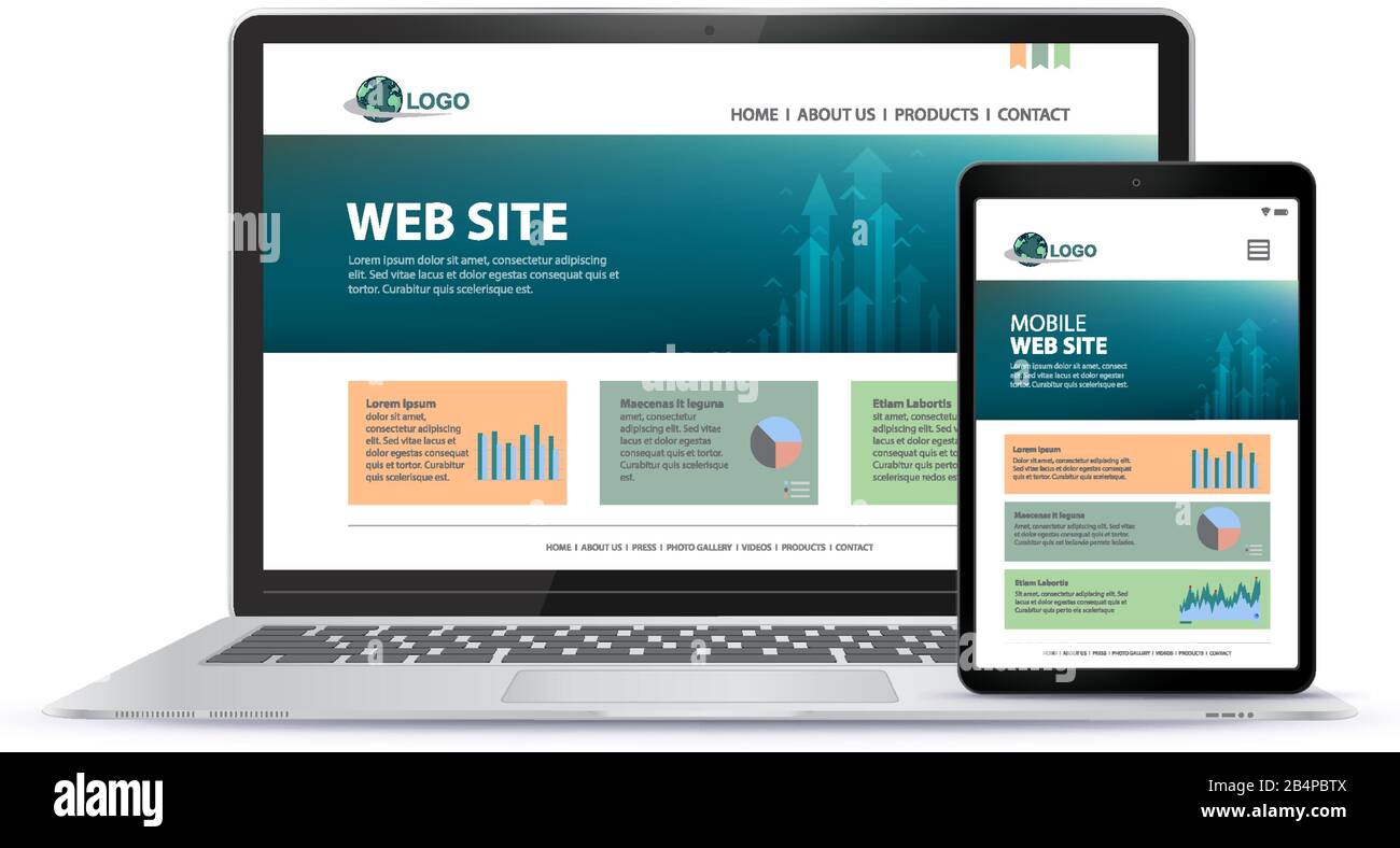 Responsive Website-Design mit Laptop-Computer und Tablet-Computer Bildschirm-Vektor-Illustration. Stock Vektor