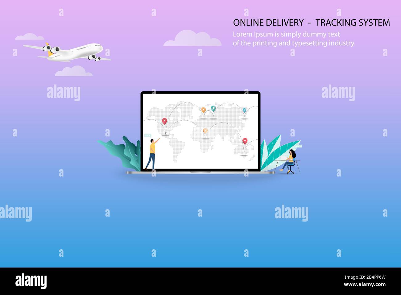 Geschäftskonzept der Online-Lieferung mit Tracking-System, Unternehmer in Zusammenarbeit mit seinem Kollegen, um die Lieferungen per Flugzeug zu verwalten, die in der Anzeige gezeigt werden. Stock Vektor