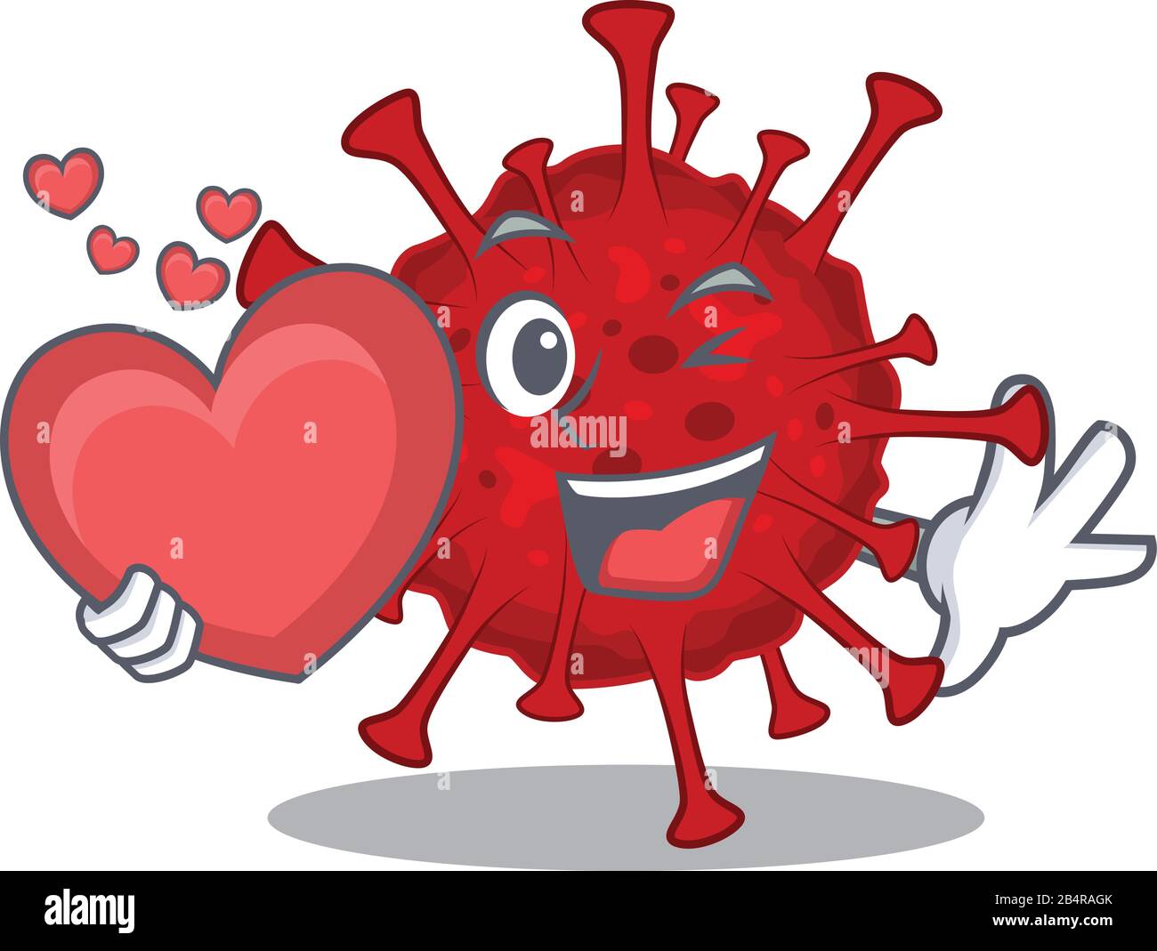 Ein romantisches Cartoon-Design von Betacoronavirus, das Herz hält Stock Vektor