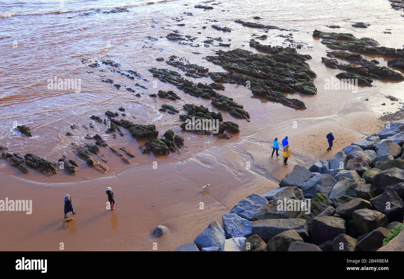 Die Menschen wandern bei Ebbe auf dem sandigen Strand in der Stadt Sidmouth, Devon Stockfoto