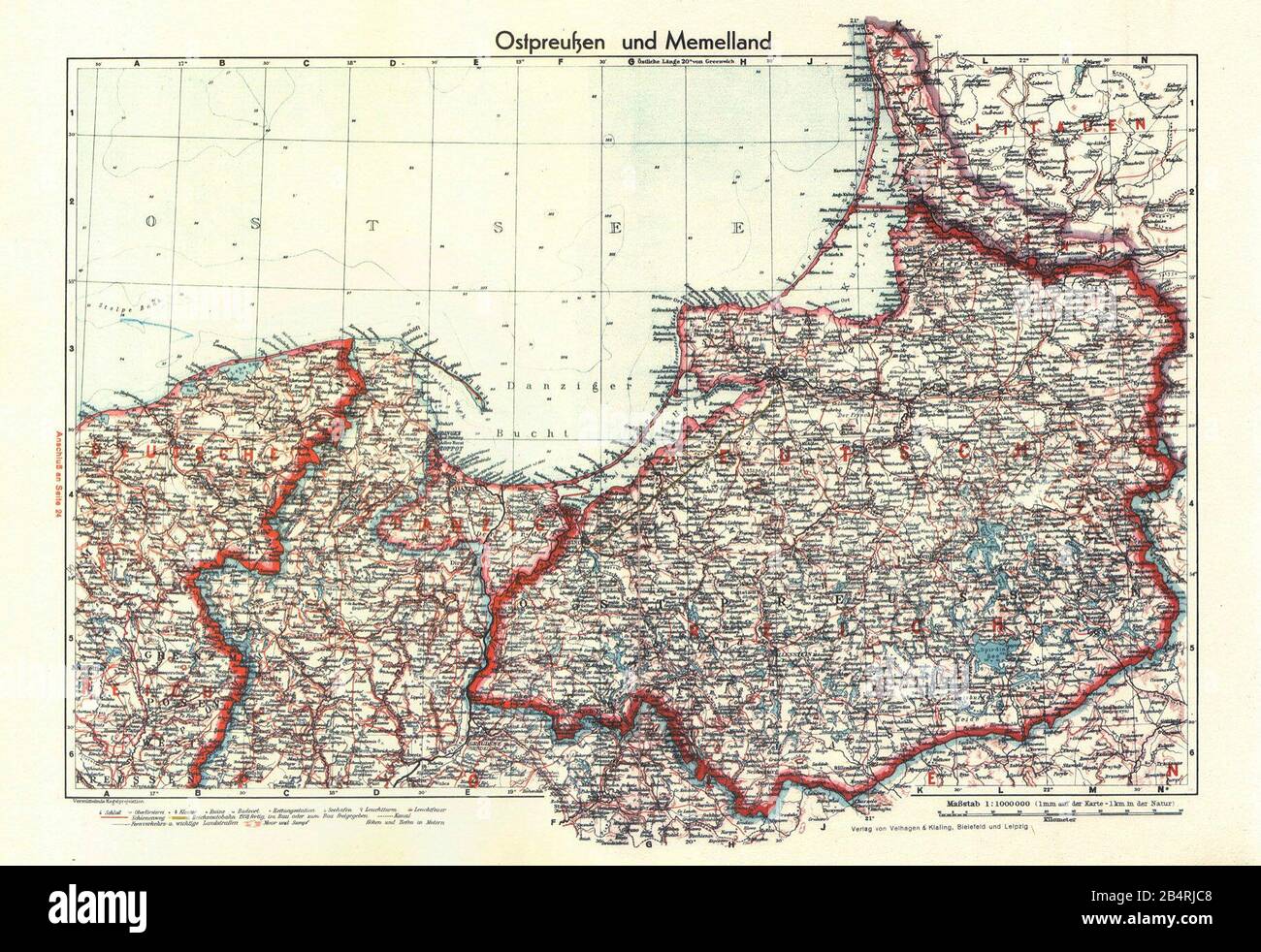 Karte von Polen von 1939, die den nördlichen Teil des Landes, einschließlich Danzig/Gdansk/ Stockfoto