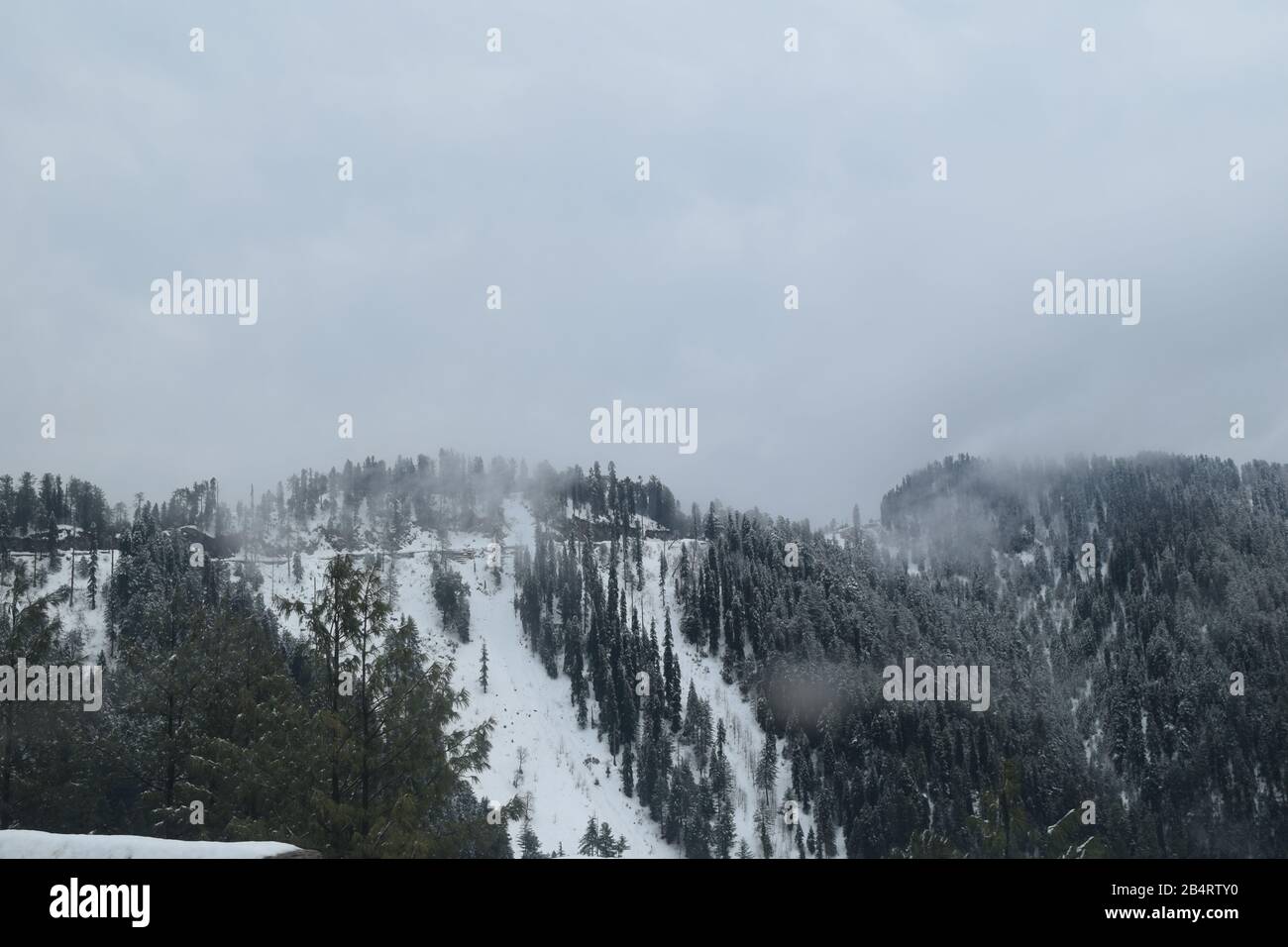 Schöner Blick auf schneebedeckte Bäume, Berge und bewölkten Himmel Stockfoto