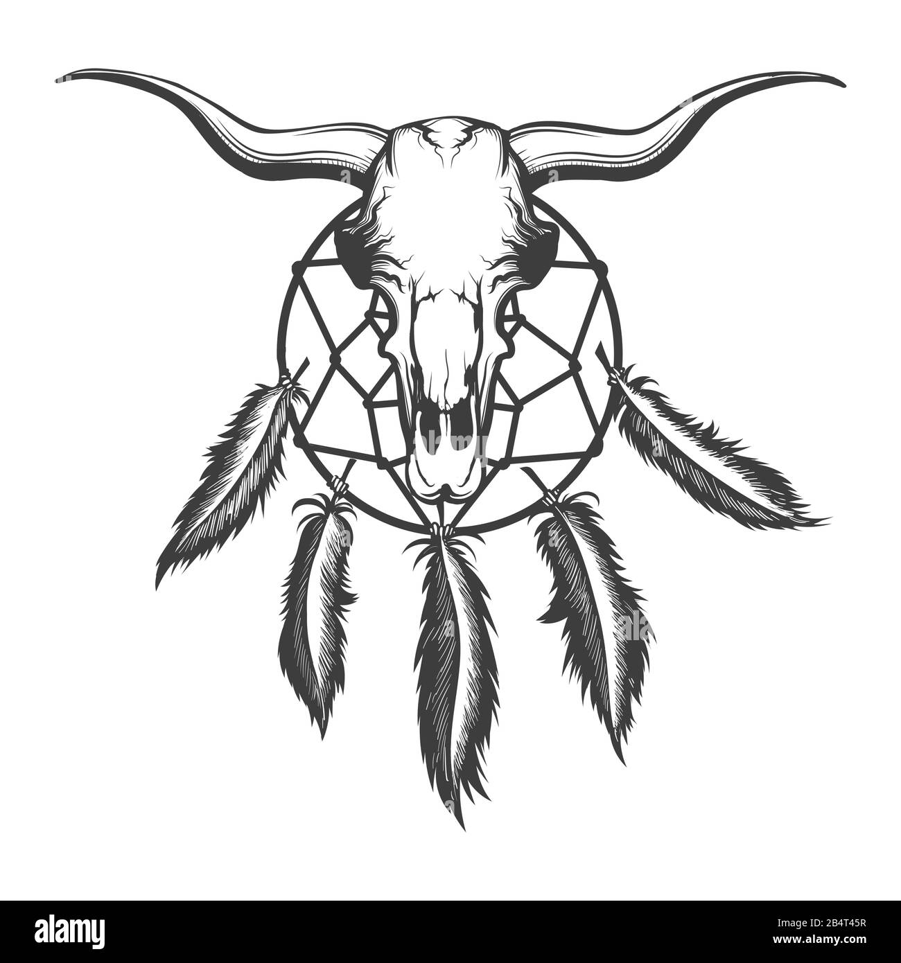 Bull Schädel und indianischer Traumfänger Tattoo. Native amerikanische Elemente Tattoo im Gravurstil. Vektorgrafiken. Stock Vektor