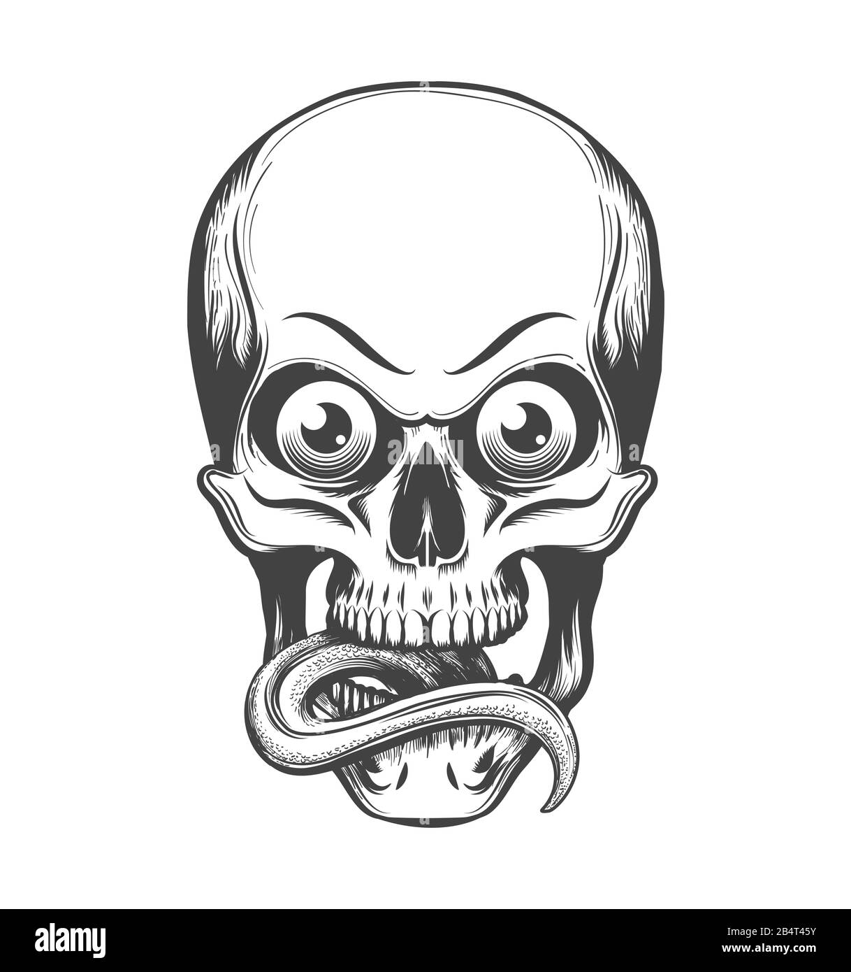 Menschlicher Schädel mit Augen und Zunge, die im Tattoo-Stil herausgezogen sind. Vektorgrafiken. Stock Vektor