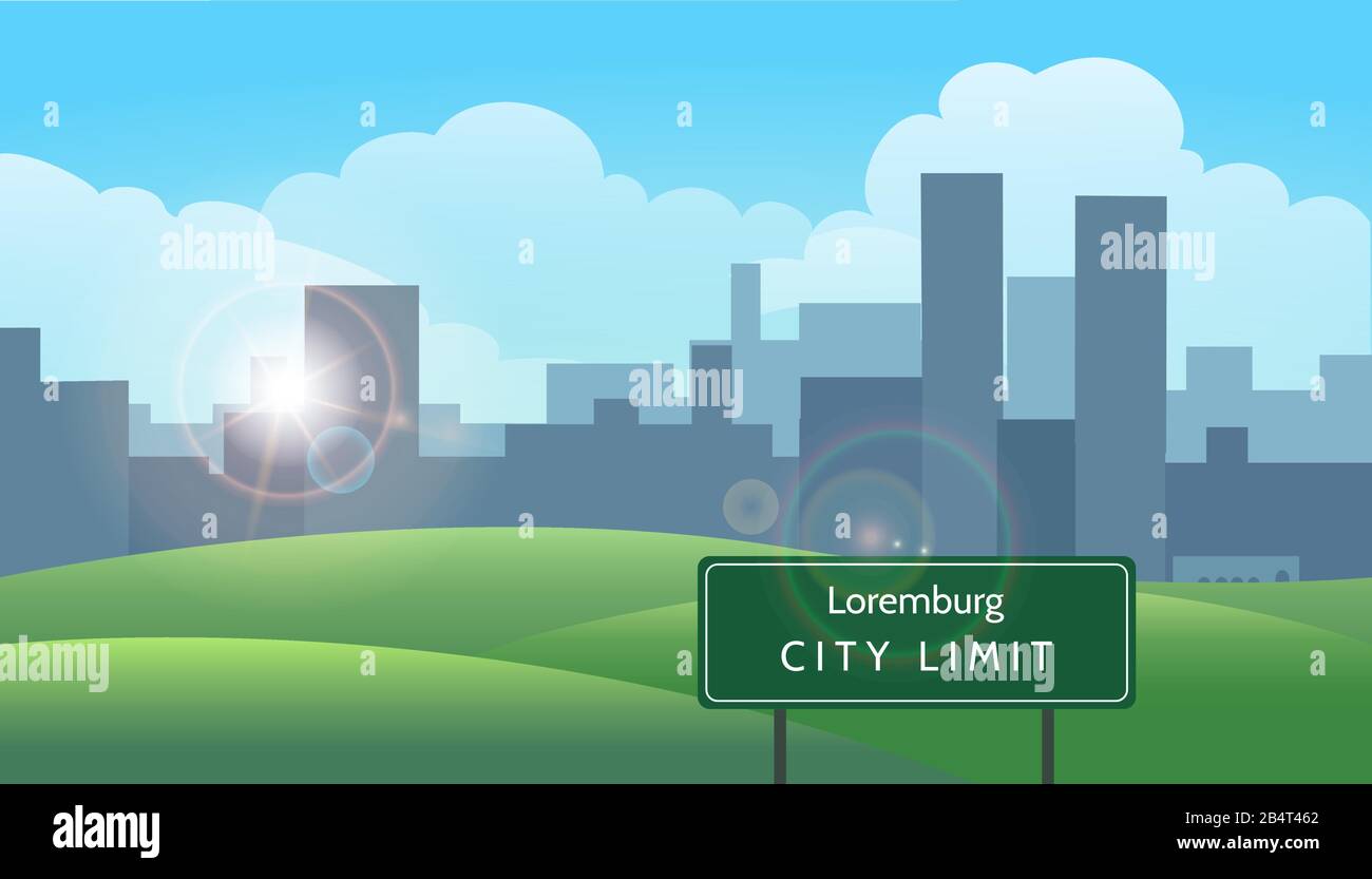 Sommerlandschaft mit Stadt am Horizont. Panorama-Banner mit Wiesen und Straßenschild Stadtgrenze. Vektorgrafiken Stock Vektor