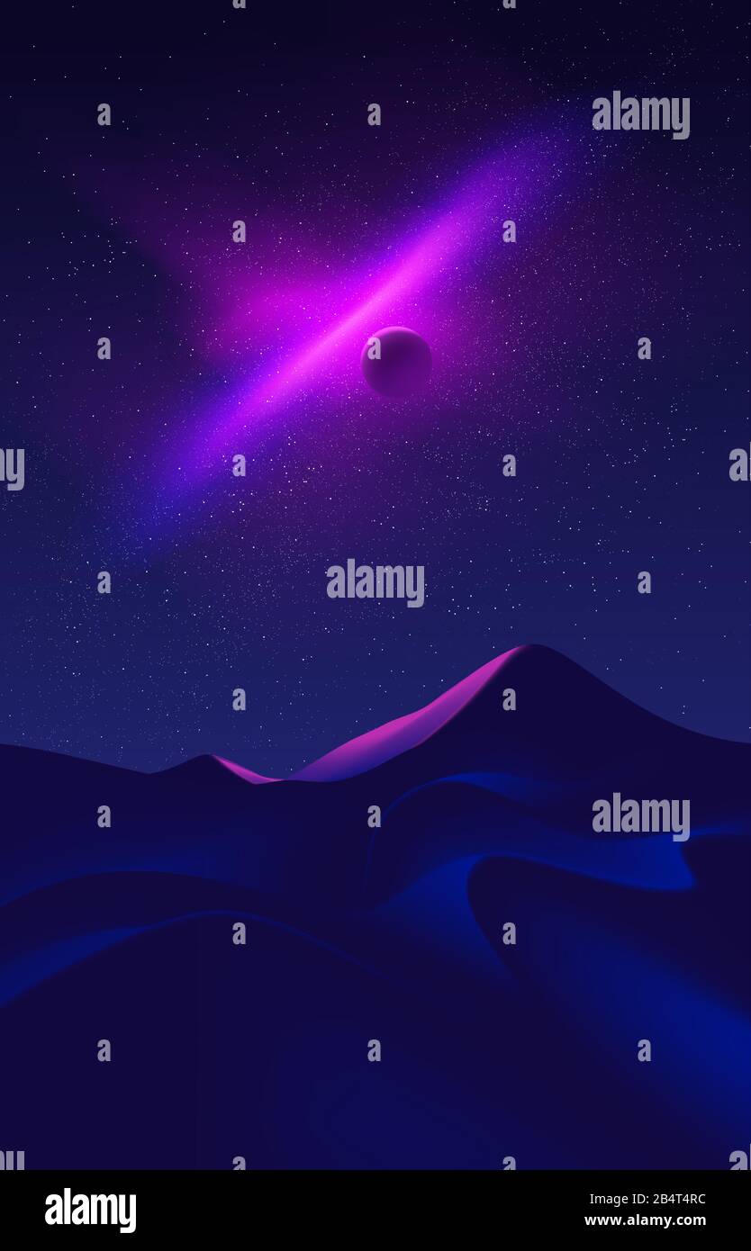 Eine imaginäre Sci-Fi-Illustration der Wüstenkunst in der Nacht, die viele Millionen Sterne und einen schönen Nebel am Himmel hat. Stock Vektor
