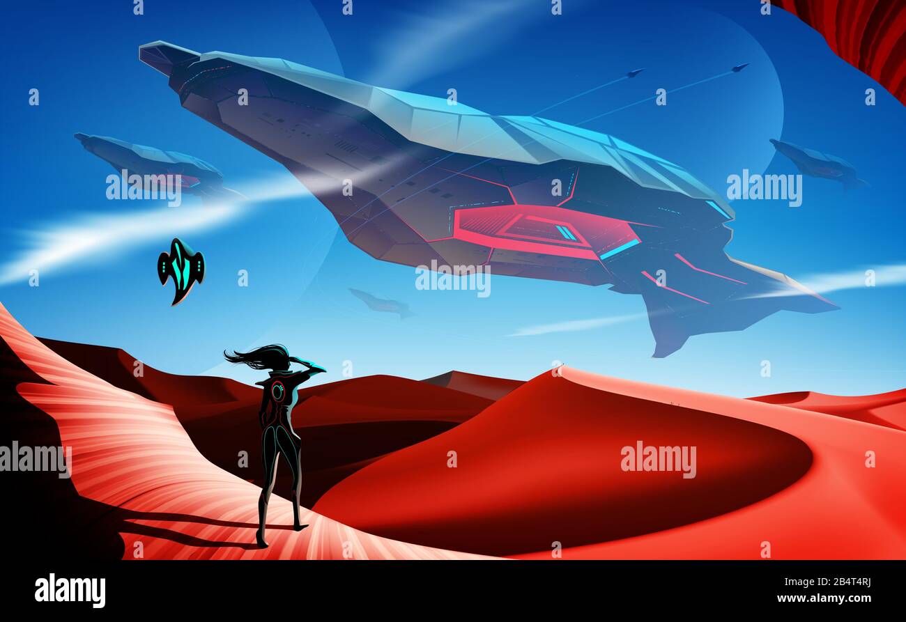 Eine imaginäre Sci-Fi-Illustration der über die Wüste fliegenden Raum-Schlachtschiff-Flotten, bei der eine Frau und ihr Roboter als Vordergrund in t stehen Stock Vektor