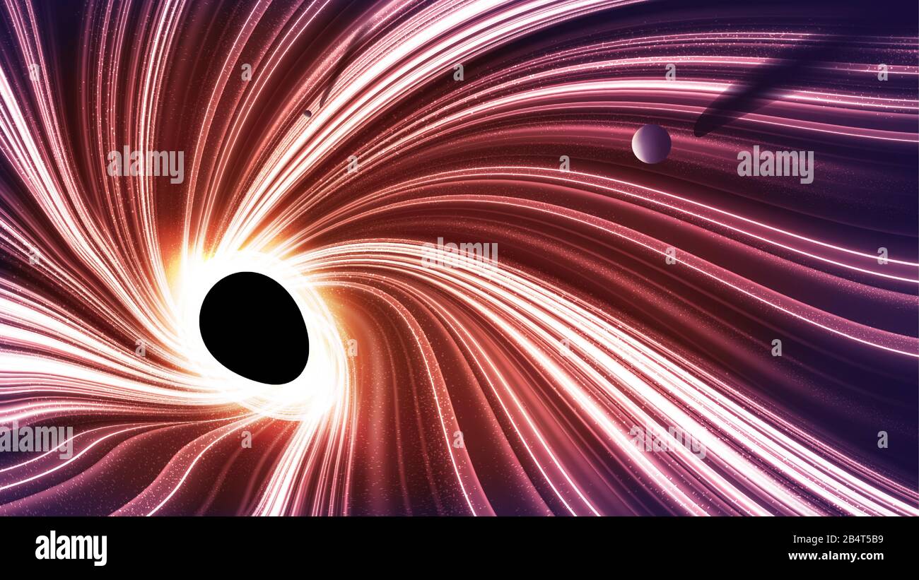 Eine imaginäre wissenschaftliche Abbildung des schwarzen Lochs, in das zwei Planeten fallen. Stock Vektor
